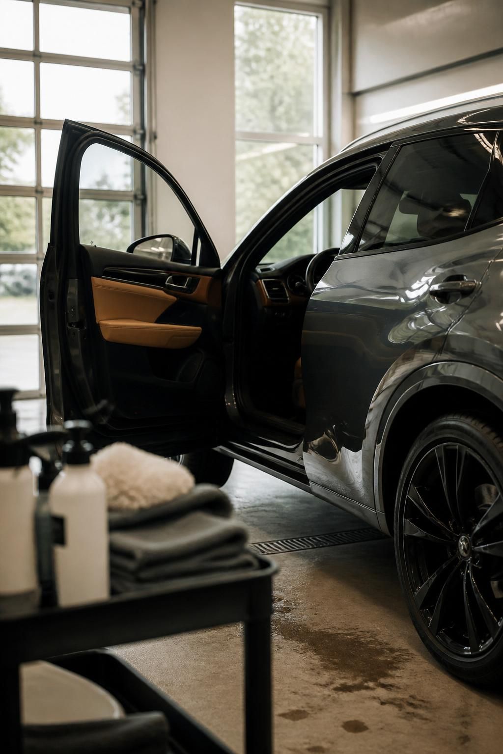 Clean detailing bay with a polished vehicle in natural light